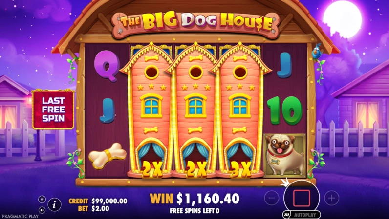 Interfaz de juego de The Big Dog House con carretes y símbolos